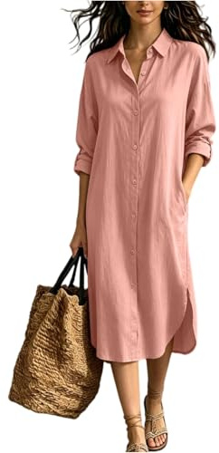 Womens Summer Midi Shirt Dresses Elegant 3/4 Sleeve Button Down Dress with Pockets Plain Casual Relaxed Straight Fit Lightweight Soft for Beach Vacation Going Out