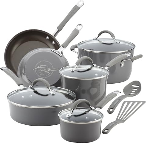 Rachael Ray Cucina Hard Porcelain Enamel Nonstick Cookware Set, 12-Piece, Sea Salt Gray, Aluminum, S
