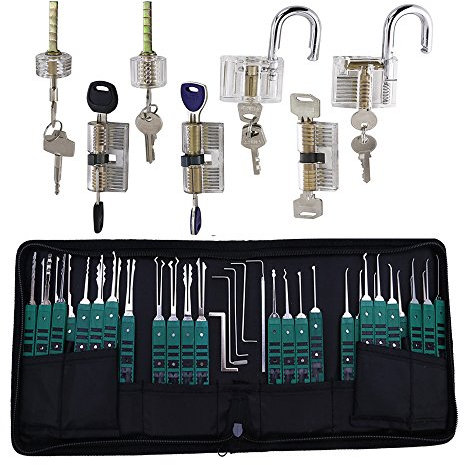 TPM Go 32 outils de crochetage de serrure avec 7 serrures d'entraînement transparentes, kit d'entraînement au crochetage de serrure.