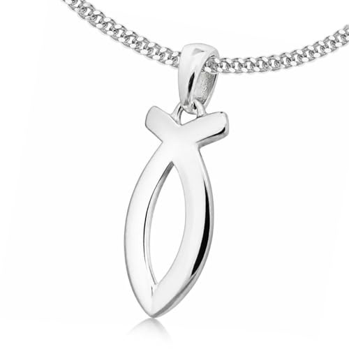 Set de colgante de plata con Ichty plano de 17 mm, símbolo del pez de Jesús con cadena estilo panzer brillante de 42 cm, plata de ley 925 de Clever Schmuck