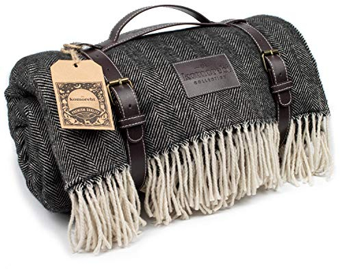 PIPROX Große wasserdichte Picknickdecke – Ledertragetasche, luxuriöse weiche Wollmischung, Fischgrätenmuster, Sandfeste Strandmatte, Camping, Wandern, Festivals, Park – Geschenkbox, Erwachsene