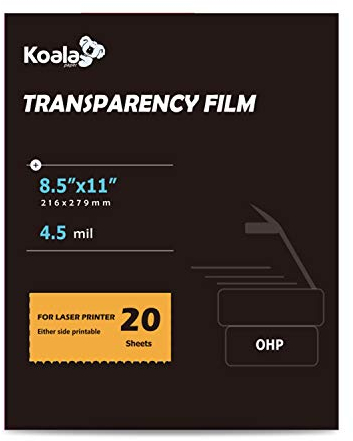 Koala Laser-Transparenzfolie, transparentes Papier für OHP, klare Überkopf-Projektorfolie, 21,6 x 27,9 cm, für Laserstrahldrucker und Kopierer, doppelseitiger Druck, transparente Folie, 20 Packungen
