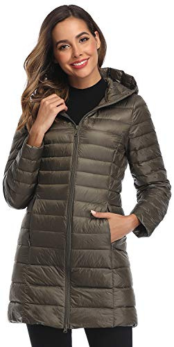 Obosoyo Women's Winter Packable Down Jacket Plus Size Lightweight Long Down Outerwear Puffer Jacket Hooded Coat Armygreen 2XL