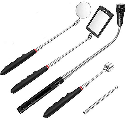 5 Pezzi Specchio Telescopico di Ispezione con Luce a LED, Queta Magnetico Pick-Up Grabber Strumento, Bacchetta e Rotondo/Quadro Ispezione Specchio, Telescopica Maniglia 360 Girevole