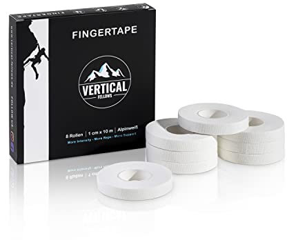 VERTICAL FELLOWS® 8 Rollen Klettertape 10mm breit - DERMATEST sehr gut - mit PDF Tapeanleitung - ideales Fingertape und Sporttape für Klettern Bouldern Kraftsport Handball Kampfsport