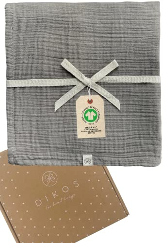 DIKOS Premium Baby Mulltuch grau | 120x120cm | 100% GOTS Bio-Baumwolle Spucktuch | Musselin Tuch/Decke Mulltücher Junge Mädchen | Babydecke Swaddle Tuch Pucktuch | Erstausstattung Geschenk zur Geburt