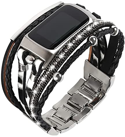 Bracelets en cuir compatibles avec Fitbit Charge 6/Charge 5 pour femme, bracelet bohème fait à la main, multicouche, bijou de rechange pour traqueur d'activité Charge 6/Charge 5 (noir blanc)