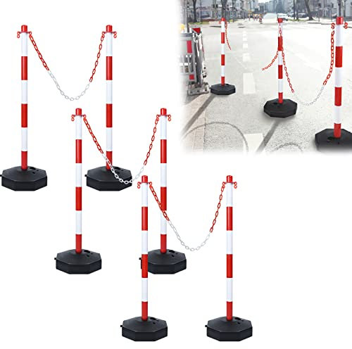 YRHome Pack de 6 postes de barrera de 82x28x28 cm postes de cadena de plástico postes de barrera con 6 cadenas de barrera de 140 cm y base rellenable con agua y arena blanco/rojo