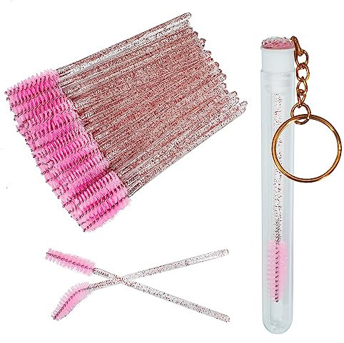 FINEASY 51 Stück Wimpernbürste mit 1 Kristall Mascara Stäbe, Einweg Wimpernbürsten Krystall Wimpernbürstchen, Augenbrauen Bürste für Mascara Falsche Wimpernverlängerung, Rosa