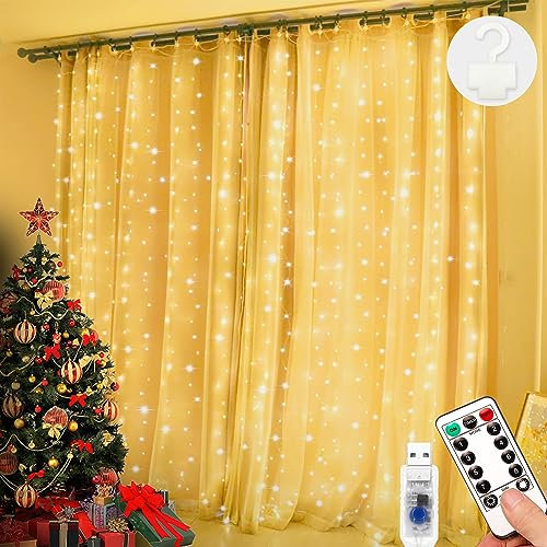 Flaspar Curtain Fairy Lights, 2X 2M 200 LED 8 Modes Curtain String Lights Outdoor, Waterproof Window Lights for Bedroom Wedding Party Garden Backdrops (Warm White)