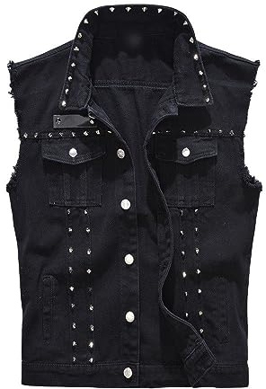 LApooh Ärmlös jeansväst för män jeansväst med nitar, smal passform , vintage jeans, gilet, biker-punk-väst, motorcykelrock, ärmlös jacka, väst, cowboyytterkläder
