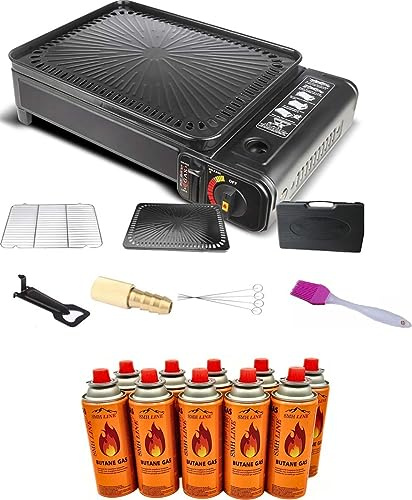 SMH LINE® 2-in-1 Camping Gasgrill Set inkl. 8x Gaskartuschen Campinggrill Kocher Balkon-Grill Tischgrill Koffer Gas Grill BBQ inkl. Zubehör Grillgitter Grillpfannenclip Kassettengrill