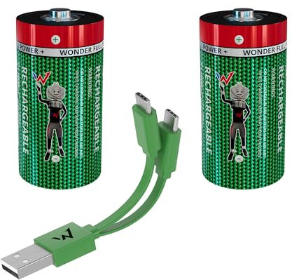 Wonder Full Energy - Pilas C / LR14 - Recargables a través de USB-C - Cable USB-C Incluido - Larga duración - 1,5 V, 3500 mWh, 2100 mAh - Pack de 2 Pilas