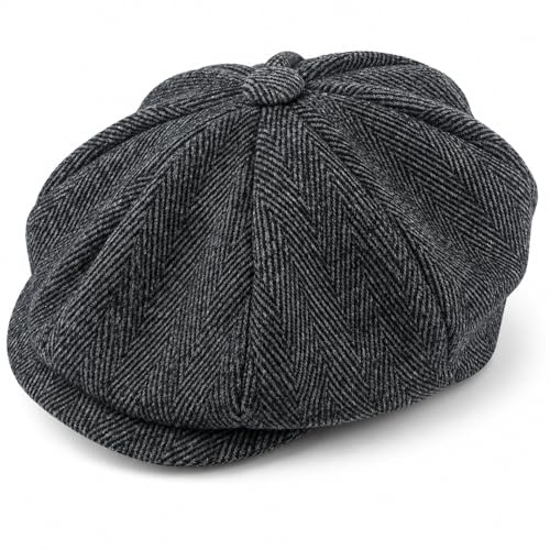 Lizzy Peaked Flat Cap 1920s Gatsby Newsboy Hat Black Herringbone Wool 8 Panel Classic Ivy Cap Vintage Style Unisex Comfortable Breathable Driver Cabbie Hat for Casual Formal Wear