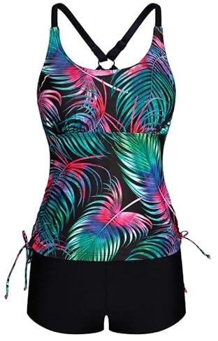 JASAMBAC Tankini Femme Maillot de Bain 2 Pièces Abdominal Tankini Haut et Short de Bain Taille Haute Maillot de Bain Confortable avec Bretelles Réglables Mode Sportif Plage, L