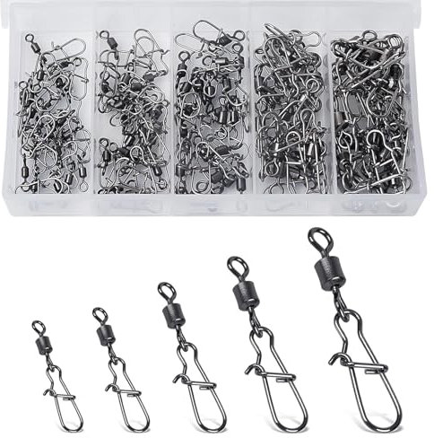 Wjelet 100 Stück Angelwirbel Angeln Barrel Wirbel mit Karabiner Edelstahl Wirbel Angel Wirbel Angelwirbel mit Karabiner für Forellen, Barsch, Zander und Hecht 5 Größe 4# 6# 8# 10# 12#