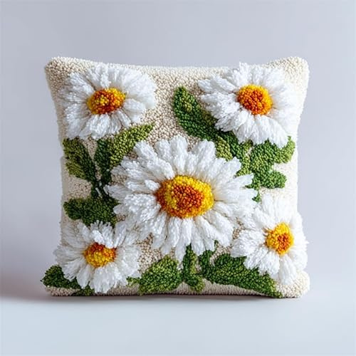 WallustrioaW Blumen knüpfteppiche & knüpfkissen Kissenbezug,Weiße Gänseblümchen,Choices Knüpfteppich Zum Selber Knüpf-Sets mit Kissen knüpfen-Set,43x43cm