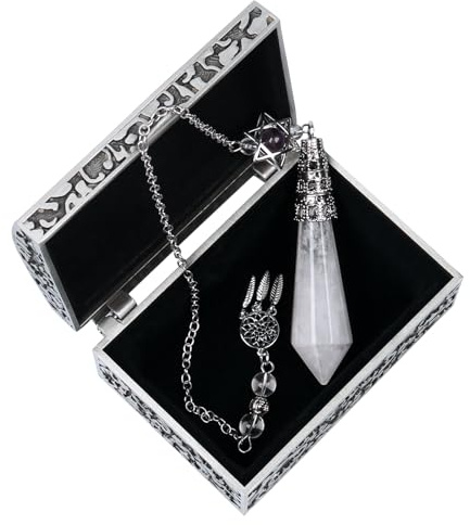 Pendule de Cristal pour la Divination, Pendule de Radiesthésie en Cristal, Cristaux Pointus Spirituels pour la Sorcellerie avec Attrape-Rêves, Étoile Merkaba et Boîte à Gemmes (Cristal de Roche)