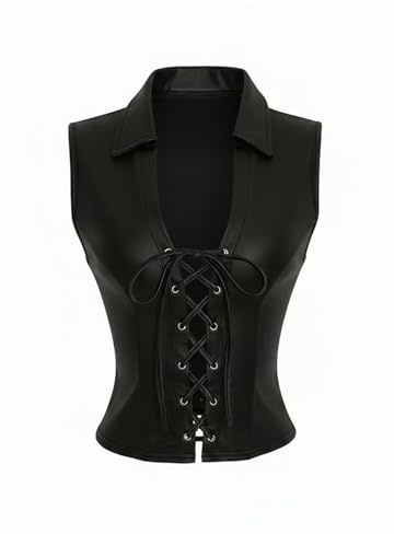 SweatyRocks Women's PU Leather Lace Up Corset Crop Tank Top Punk Sleeveless Collared Fitted Night Out Tops Black Small