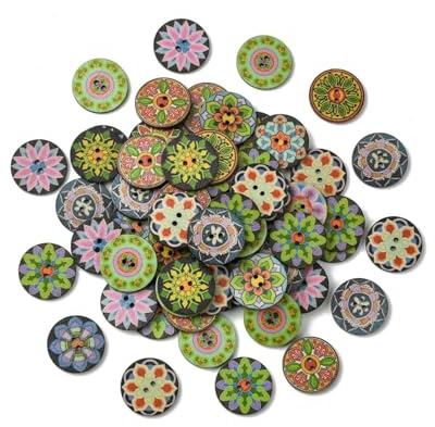 WINXMIN 200 Pezzi Bottoni in Legno Vintage per Cucire e Creazioni Fai da Te, bottoni colorati,in Resina Legnosa con Disegni Floreali Misti per DIY (15 mm) (D)