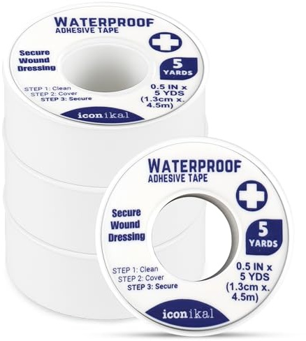 Iconikal 4-Pack First Aid Waterproof Adhesive Tape, 0.5 x 180-Inches, White for Wound Care Gauze Wrap