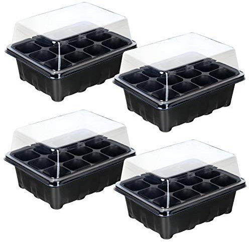 Schramm® 4 Stück Anzucht Set Gewächshaus Anzucht Schale Töpfe Zimmergewächshaus 18,5 x 15 x 8 cm für 48 Anzuchttöpfe Anzuchtset Mini-Gewächshaus schwarz