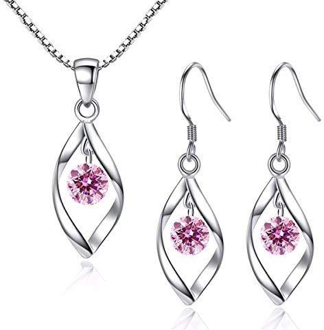 Zolkamery Parure Femme Argent Fin 925 avec Zirocon Cubique 5A Rose, Ensemble de Bijoux Boucles d'oreilles + Collier en Forme Tordue, Parure de Bijoux Chaîne Pendentif Hypoallergénique pour Femme Fille