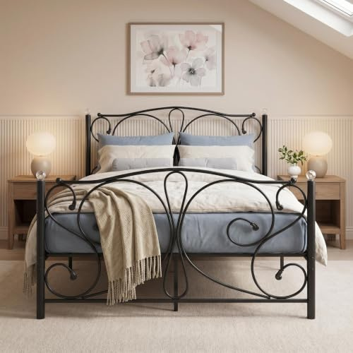 Panana Metal 4FT6 Double Bed Frame with Headboard, 135 x 190cm | Vintage Iron Platfoam Bed, Under-Bed Storage Space, Easy Assembly, Black