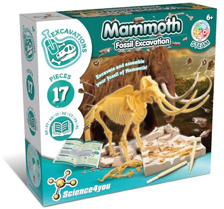 Science4you - Kit Dinosauri Mammut +6 Anni - Fossili da Scavare, Assemblare gli 17 Pezzi di Dinosauro - Scheletro Dinosauro da Construire, Kit Paleontologo e Giochi Archeologia per Bambini +6 Anni