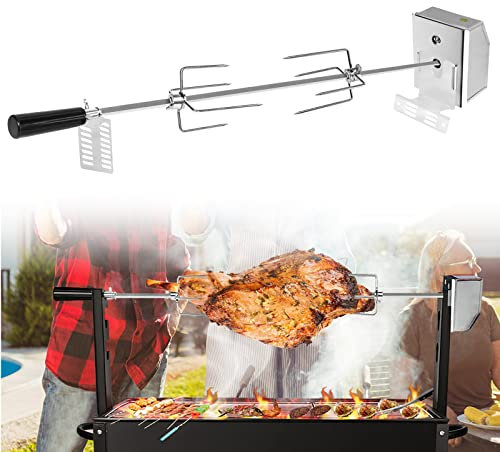 AufuN Edelstahl Drehspieß, Hochwertiger Grillspieß Set mit Moto 220V - 240V, inkl. 2X Fleischgabeln, Rotisserie aus Edelstahl, Drehspieß, Rotisserie, Drehspiess, Silber