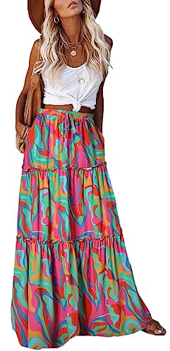 Trendy Lightweight Drawstring Tiered Ruffles Paisley Hippie Plus Size Bohemian Long Maxi Skirt with Deep Pockets Office Music Festival Travel Picnic Dating Fall Outfits Multicolor Abstract Wave L