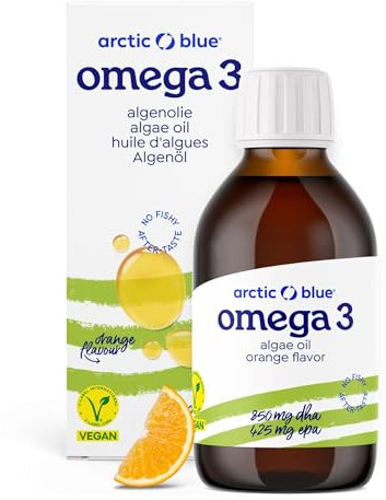 Arctic Blue Veganes Premium Omega 3 Algenöl - 150 ml – 850 mg DHA & 425 mg EPA pro Portion – hochdosiert, vegan & flüssig – Orangengeschmack – nachhaltig produziert