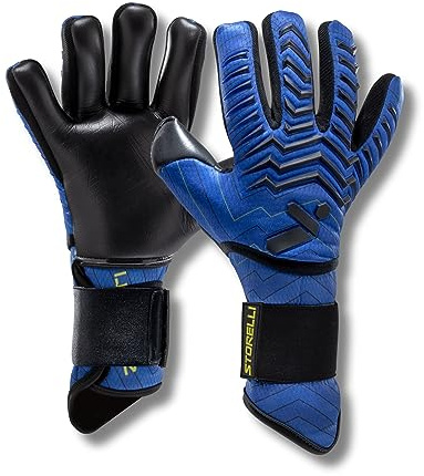 Storelli Electric Goalkeeper Gloves, High-Impact Hand Protection with 5 Removable Finger Spines, German Contact Latex, Wrist Strap, Extended Cuff, Youth & Adults, Unisex, 1 Pair, Blue Charge, Size 9