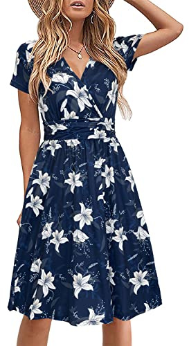 STYLEWORD Abito Donna Estivo Manica Corta Casual Collo a V Abito Floreale con Tasche(Floral23,L)