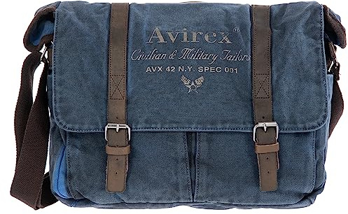 Avirex Borsa Messenger in Canvas e Pelle Bovina Anticata, Cartella a Tracolla Regolabile in Stile Militare, Collezione 140506 CNV0M (Blue Navy)