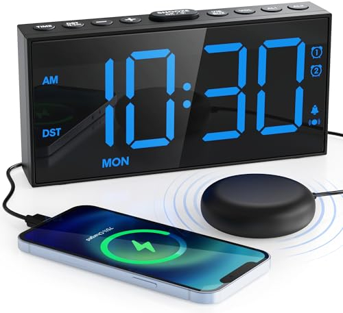 Lauter Vibrationswecker für Tiefschläfer, Doppelalarm mit Wochenendmodus, Große Digital Anzeige, Dimmer, Batterie Backup, USB Ladegerät, Wecker mit Vibration für Gehörlose/Hörgeschädigte Digitaluhr