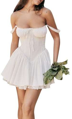 Fexofao Women's Milkmaid Dress Corset Mini Coquette Dress Sleeveless Square Neck Tie-up Front Short Tank Casual A-line Dress (White, S)