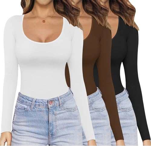 Ekouaer Long Sleeve Tops Womens 3 Pack Long Sleeve T-Shirt U Neck Base Layer Top Thermal Vest Black/Brown/White L