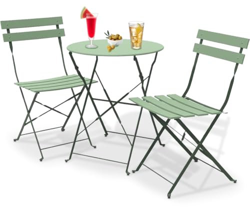 Shally Dogan Set 3 Pezzi da Giardino Pieghevole Modello Parigi, Tavolo con 2 Sedie in Acciaio, Mobili Salvaspazio per Bistrot, Balcone, Patio, Terrazza, Esterno, Bar Doppio (Verde)