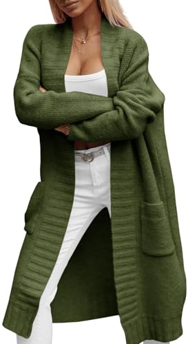Imily Bela Cardigan da donna con tasche lunghe a maglia grossa cardigan autunno cappotto invernale aperto frontale maglione, Verde militare, S