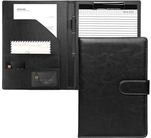 Porte-bloc A4 - Porte-bloc A4 - En cuir synthétique - Noir - Avec porte-bloc et bloc-notes A4 - Avec compartiments pour documents et stylos - Étanche