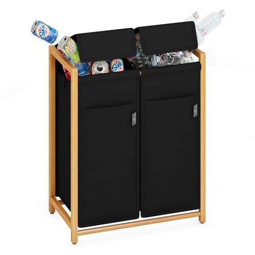 AdelDream Collecteur de bouteilles en bambou avec couvercle 2 compartiments 100L pour bouteilles vides récipient de rangement verre usé bouteilles en plastique espace de rangement conteneur à