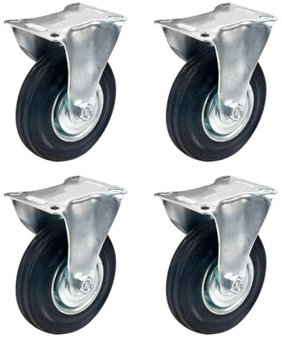 Tradineur - Pack de 4 ruedas fijas para muebles, goma y hierro, incluyen placa de montaje, rueda de transporte para cargas pesadas, industrial, peso máx. 50 kg, Ø 75 mm