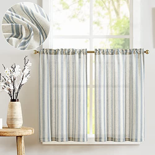 TOPICK Blue Kitchen Curtains 2 Panels, Striped Cafe Curtains, W26 xL24 | Light Filtering Small Window Curtains, Rod Pocket Faux Linen Curtains for Living Room, Bathroom, Cupboard, Bedroom, Pinstripe