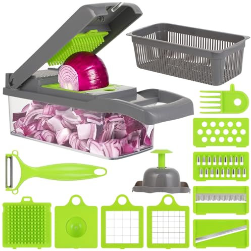 Taglia Verdure Multifunzione 16 in 1, Tagliaverdure Manuale, Affetta Verdure Manuale, con 8 Lame per Affetta Verdure - Mandolina per Verdure Compatta - Ideale per Cipolle e Tutti gli Ortaggi
