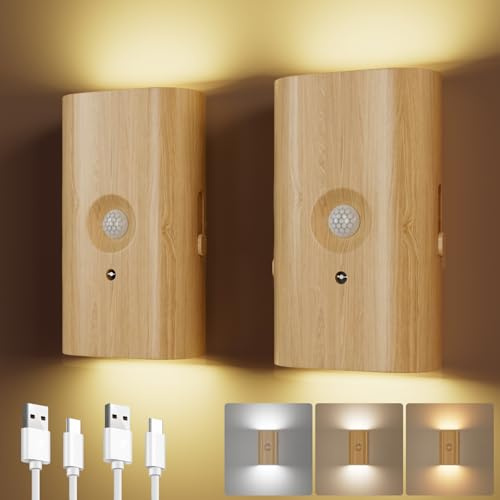 Electight Lot de 2 Appliques Murales avec Détecteur de Mouvement, LED Rechargeable 3600 mAh, Lampe Murale 3 Couleurs, Veilleuse à détecteur de Mouvement Magnétique