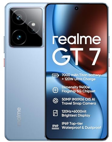 realme GT7 Mobile Phone 12+256GB 5G Smartphone, MediaTek Dimensity 9400e, 7000mAh Battery with 120W Quick Charge, 50MP AI Travel Snap Camera, 6.78-Inch 1.5K 120Hz Display, Dual SIM NFC, Blue