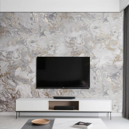 Anttyscar Marble Silver Gold Wallpaper for Living Room, Feature Metallic Marble Effect, Silver Gold Embossed Modern Glitter Textured Wallpaper, for Bedroom, Hallway and Stairs