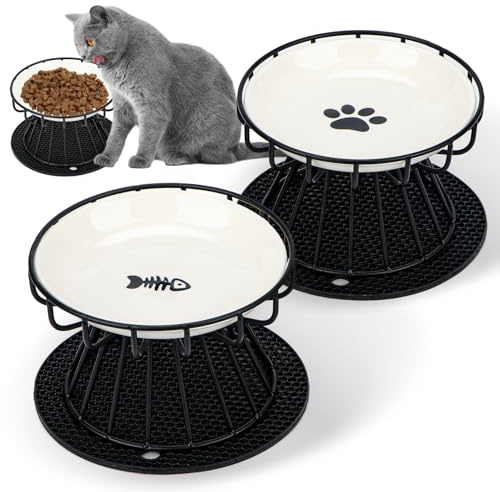 Feirdhoo 2 ciotole per gatti rialzate in ceramica, per gatti, set con supporto in silicone e metallo, ciotola per cibo per gatti rialzata, anti-vomito, alzata per gatti