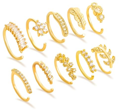 TYXHXTF 10 Pièces Piercing Nez Anneaux, Faux Anneau De Nez Bague Au Nez Septum Bijoux De Piercing, Bijoux Nez Sans Piercing, Fiche pour piercings nose avec Zirconia pour femmes et hommes, Oro
